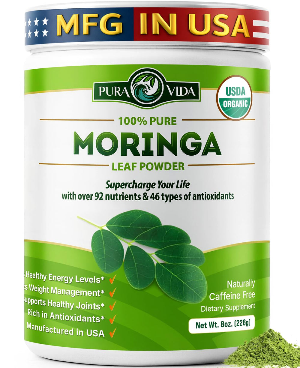 PURA VIDA MORINGA envase frontal mostrando diseño y cantidad 8 oz