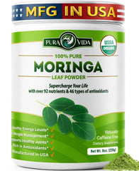 PURA VIDA MORINGA envase frontal mostrando diseño y cantidad 8 oz