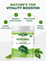 PURA VIDA MORINGA hojas frescas en la finca destacando origen único