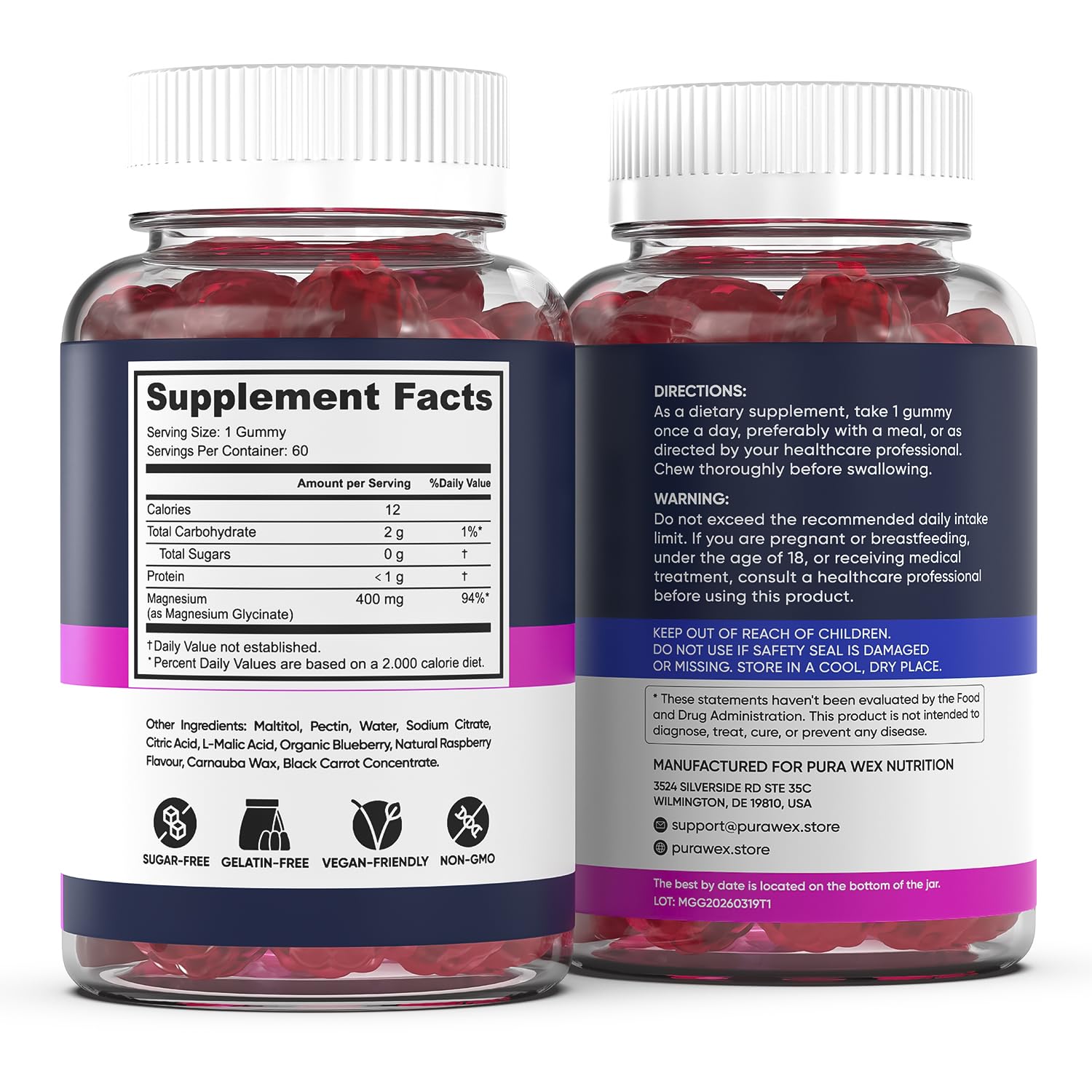 PURA WEX NUTRITION botella junto a 60 gomitas expuestas, contenido y cantidad visible