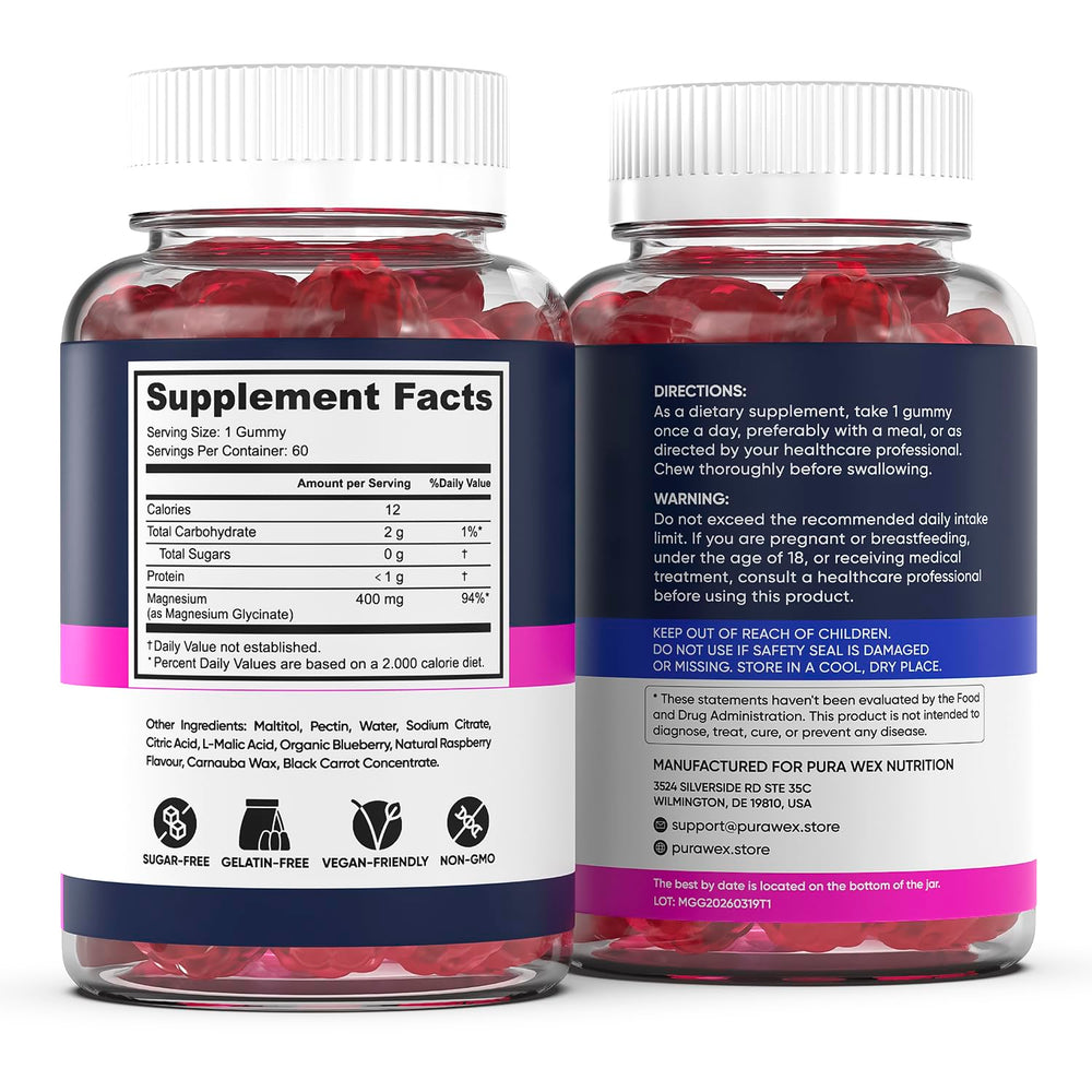PURA WEX NUTRITION botella junto a 60 gomitas expuestas, contenido y cantidad visible