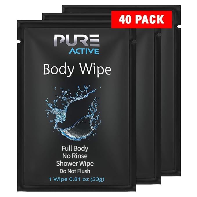 Pure Active paquete frontal mostrando 40 toallitas, portátil y práctico