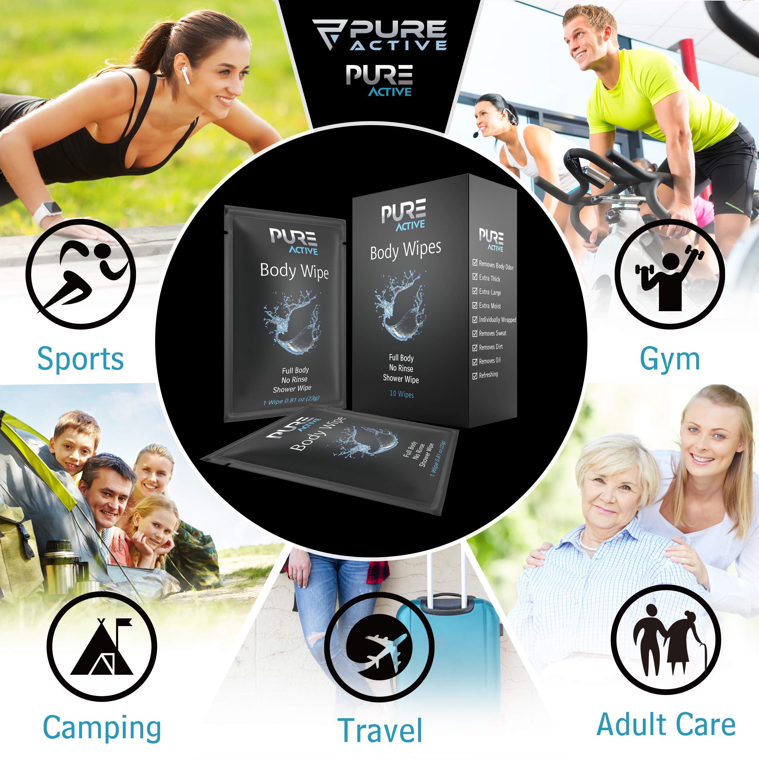 Pure Active toallita junto a una mano para comparar tamaño y cobertura