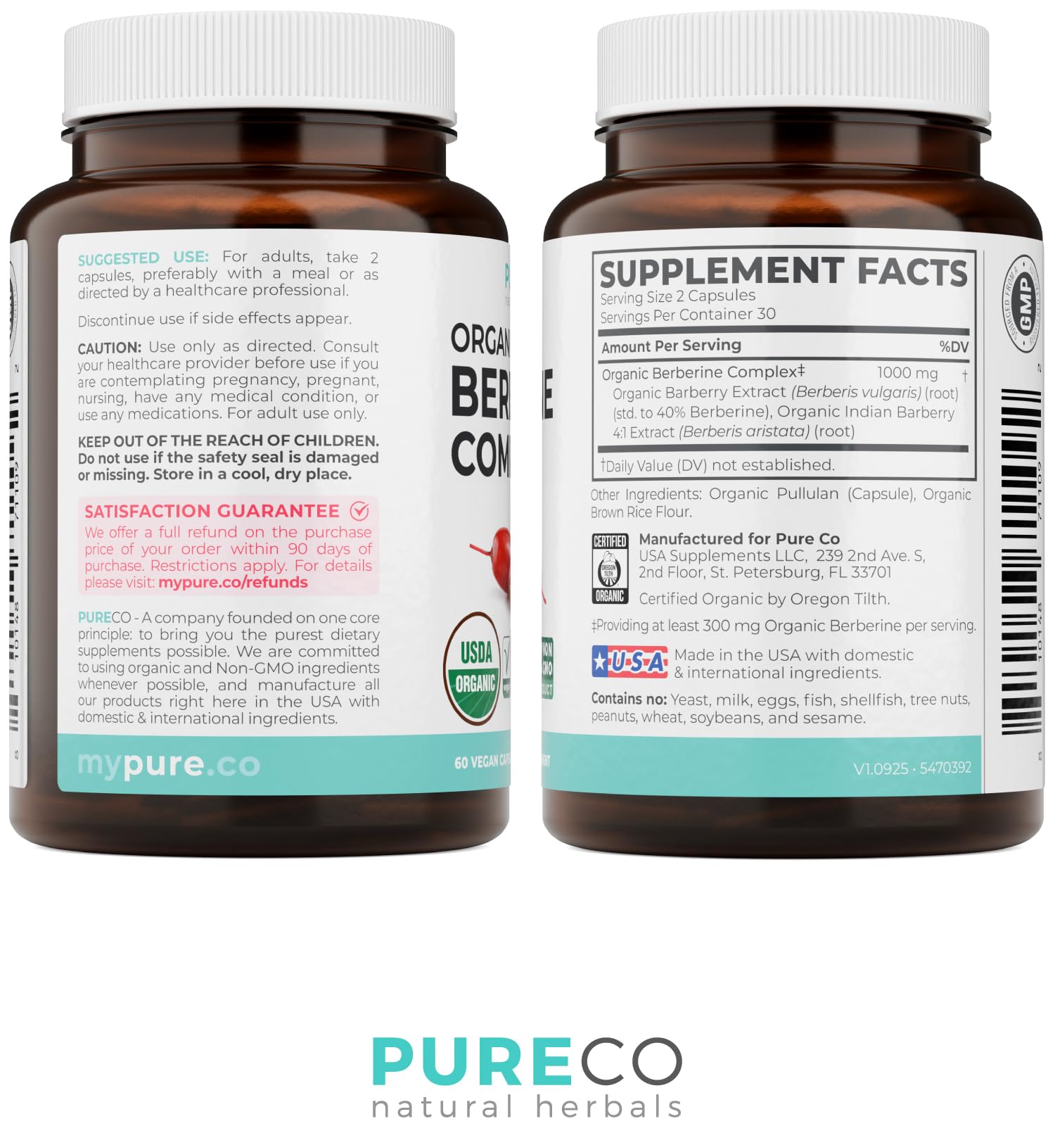 PURE CO bote abierto con cápsulas mostrando contenido y cantidad