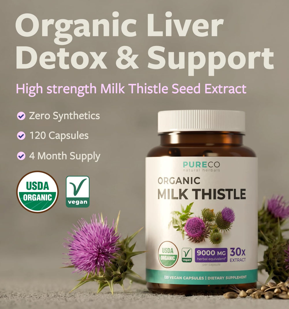 PURE CO etiqueta con certificaciones USDA Organic y GMP visibles