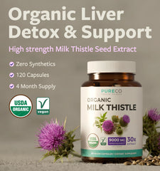 PURE CO etiqueta con certificaciones USDA Organic y GMP visibles