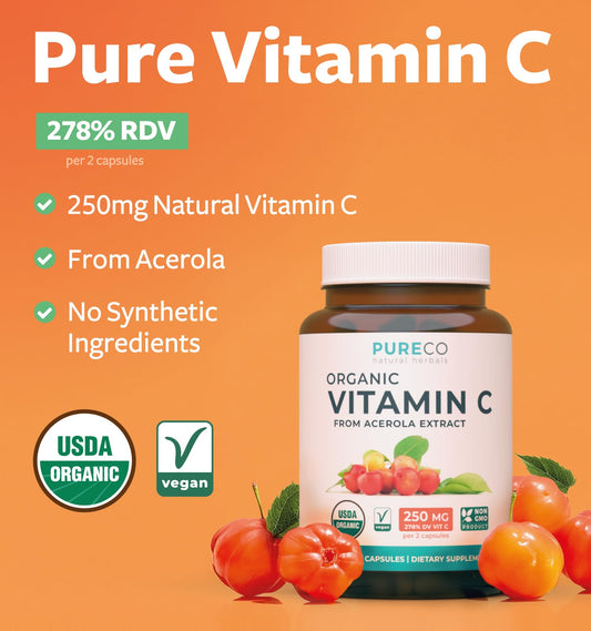 PURE CO primer plano polvo de acerola, rica en antioxidantes naturales