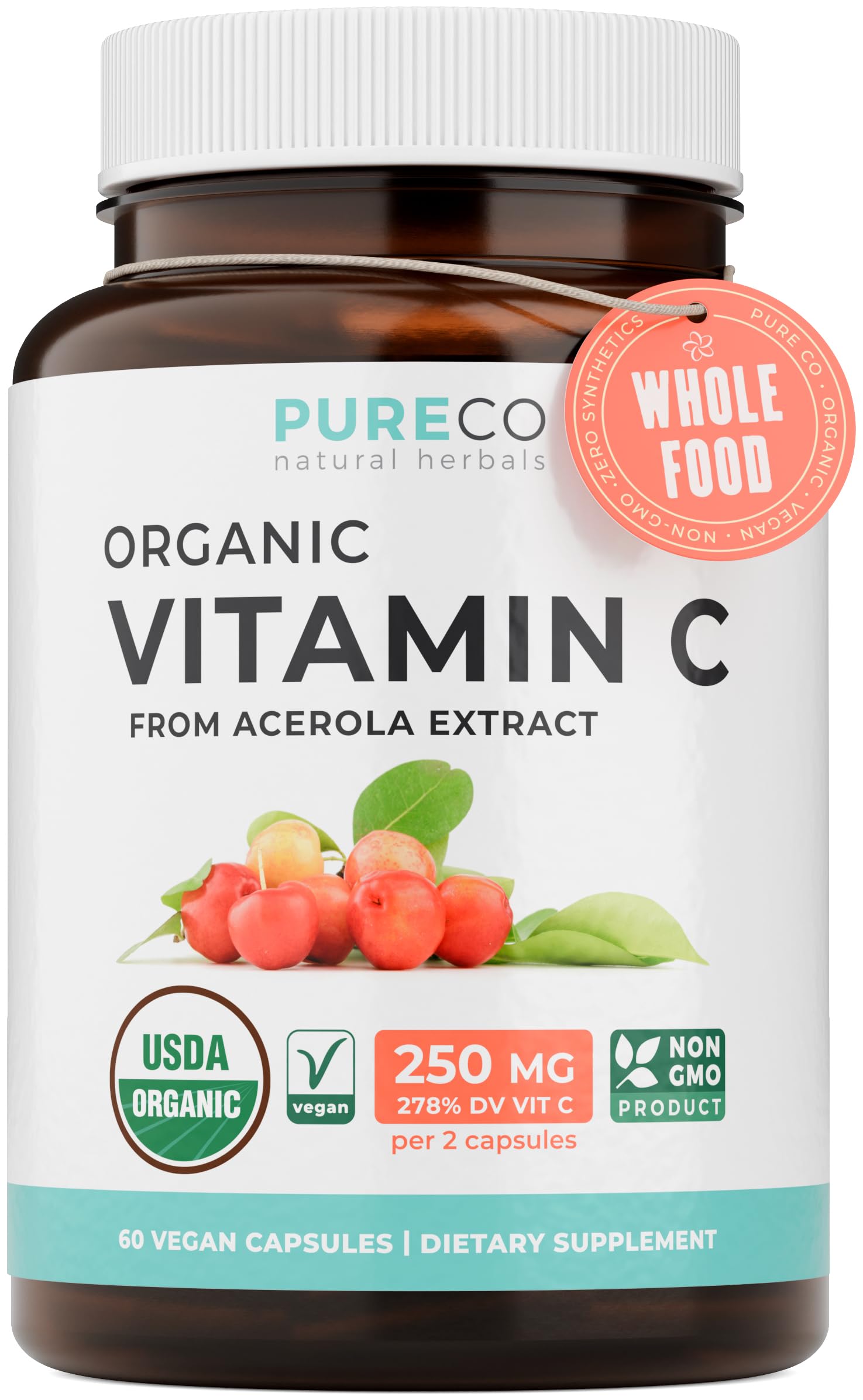 PURE CO frasco frontal mostrando etiqueta y beneficio de vitamina C natural