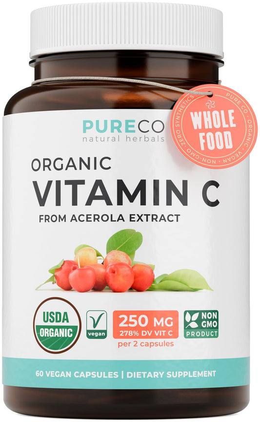 PURE CO frasco frontal mostrando etiqueta y beneficio de vitamina C natural