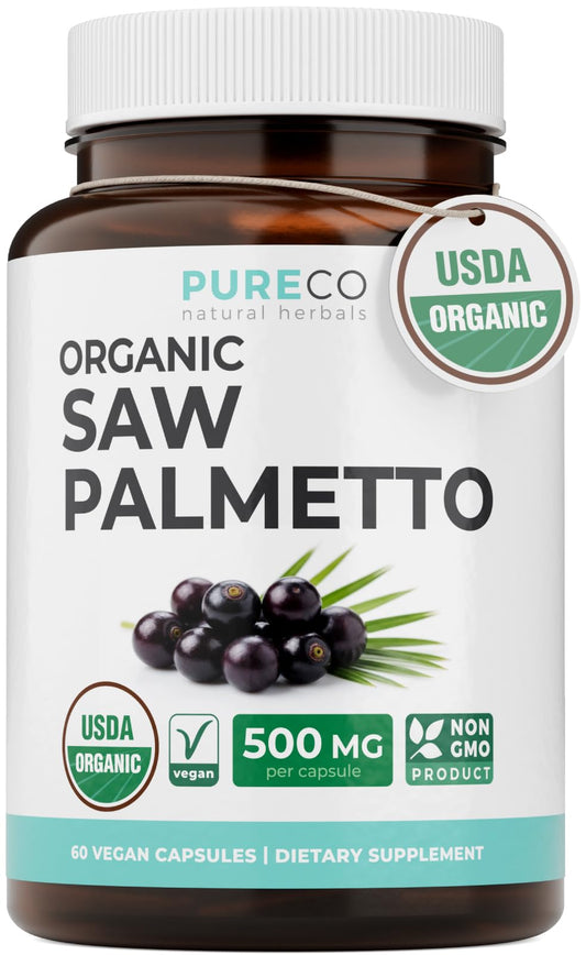 PURE CO frasco frontal mostrando etiquetas y beneficios orgánicos