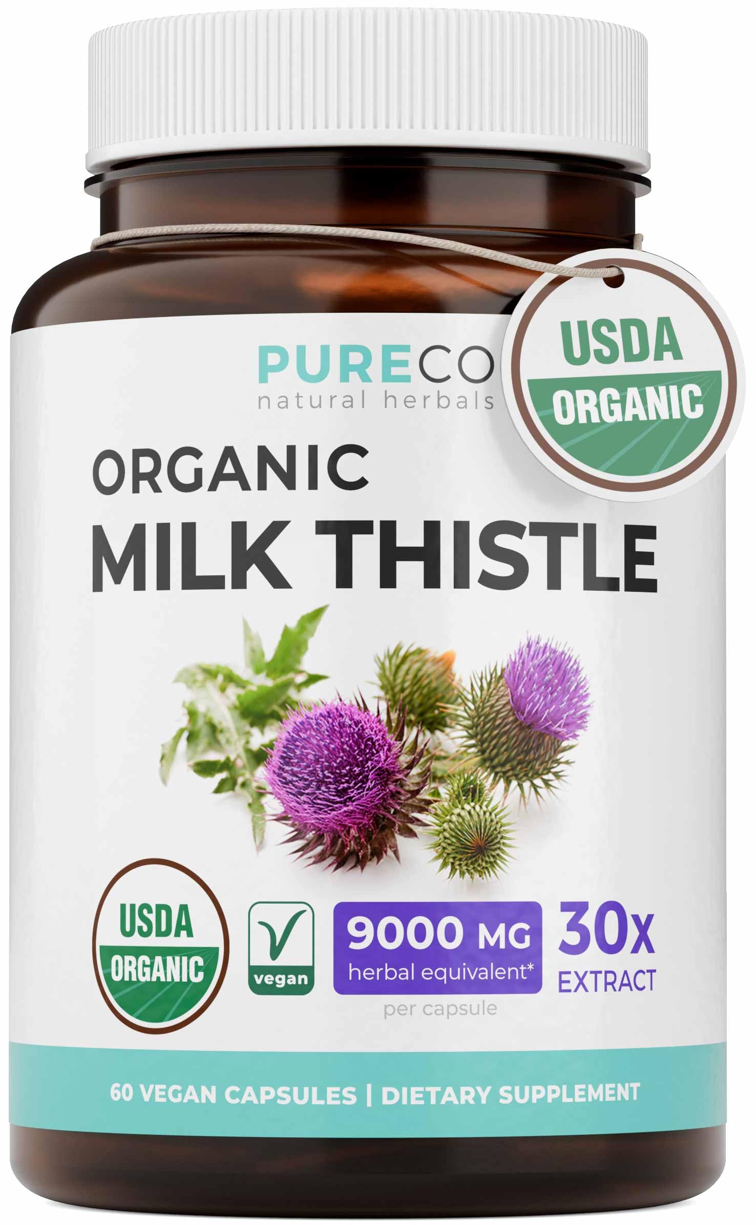 PURE CO envase frontal de Milk Thistle con diseño claro y beneficios