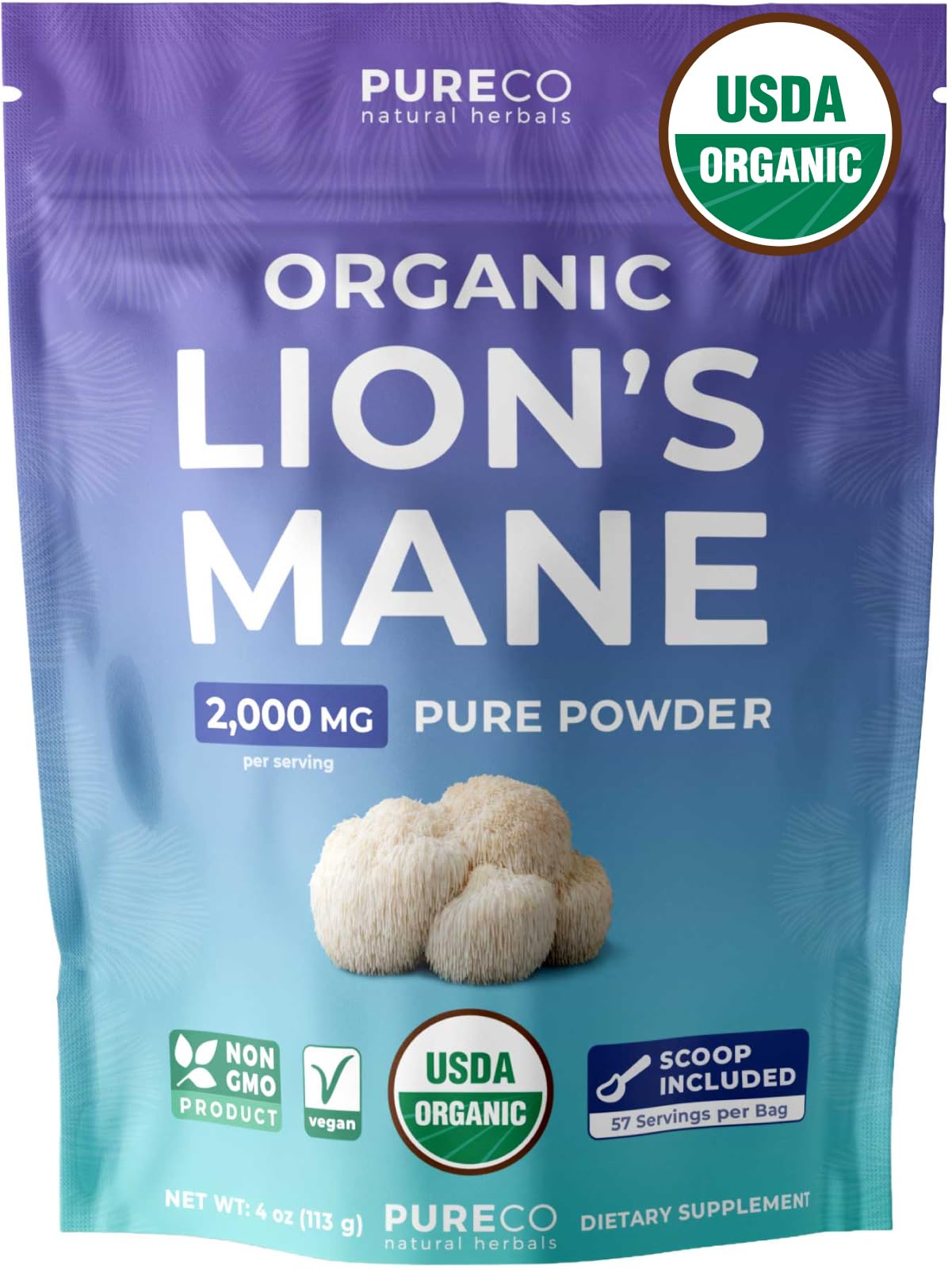 PURE CO envase frontal mostrando raciones y sello orgánico