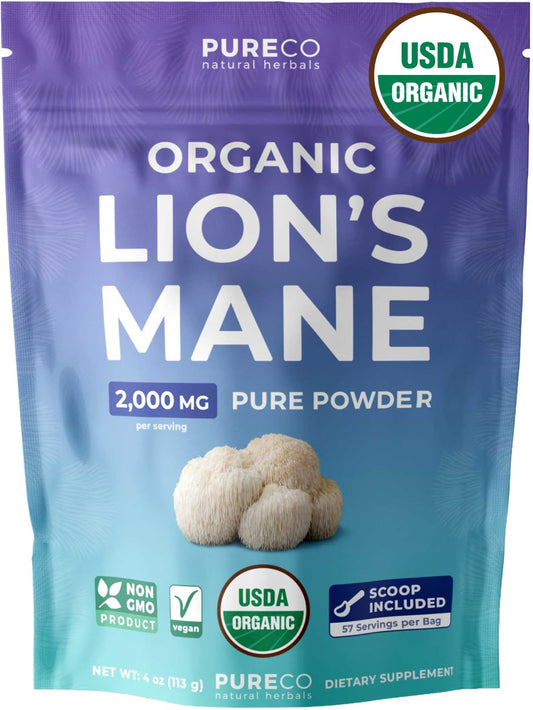 PURE CO envase frontal mostrando raciones y sello orgánico