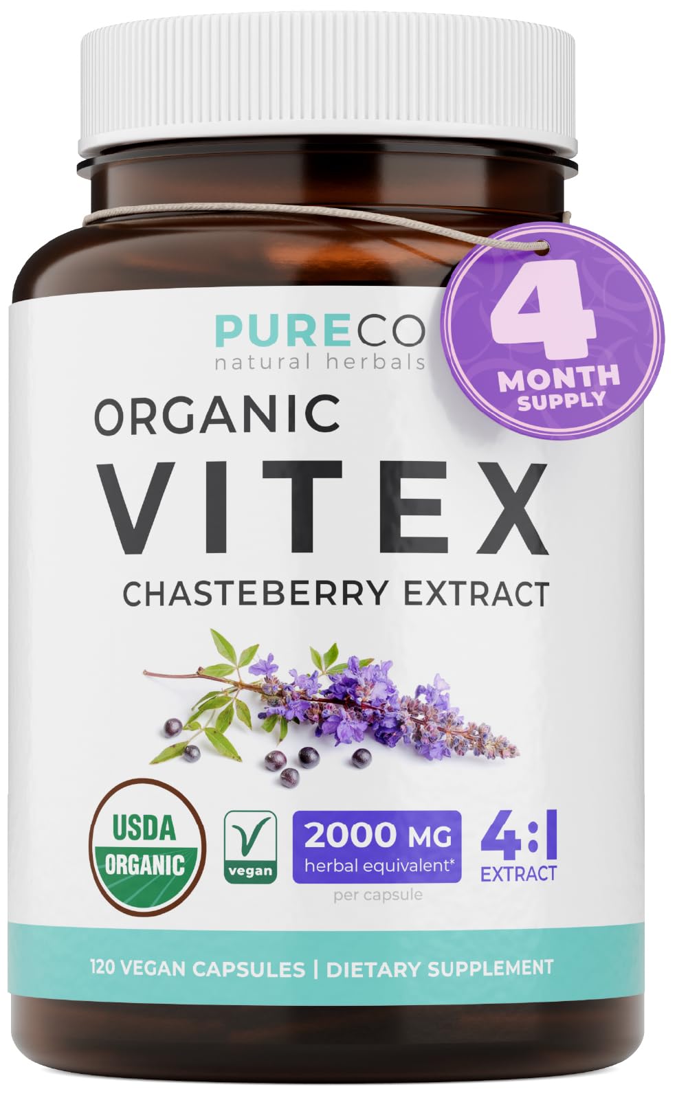 PURE CO frasco frontal mostrando etiquetas orgánica y vegana para confianza