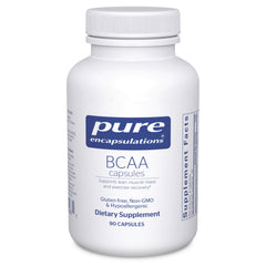 Envase frontal Pure Encapsulations BCAA que muestra diseño y cantidad, promueve confianza