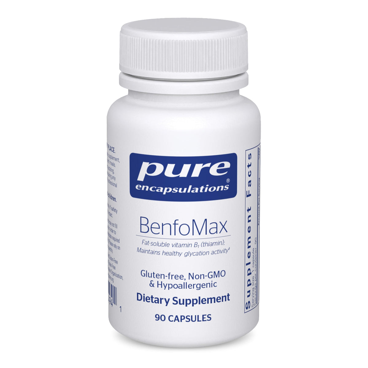 Pure Encapsulations frasco BenfoMax frontal mostrando etiqueta y beneficios claros