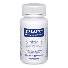 Pure Encapsulations frasco BenfoMax frontal mostrando etiqueta y beneficios claros