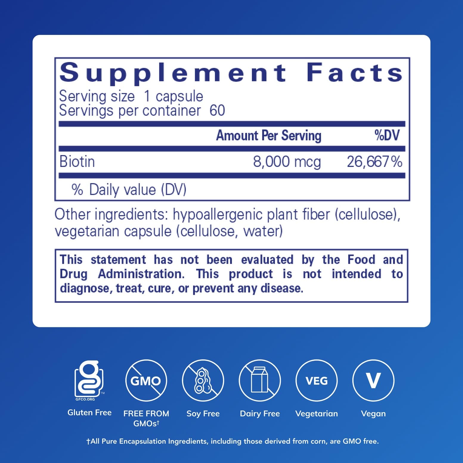 Detalle de cápsula de Biotin 8 mg de Pure Encapsulations que destaca pureza