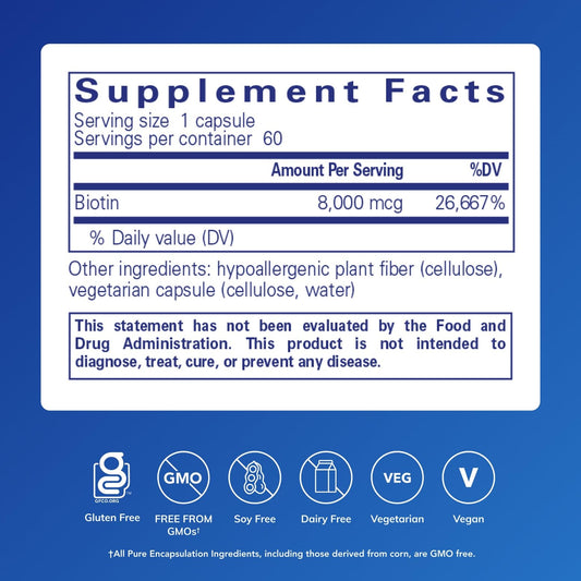 Detalle de cápsula de Biotin 8 mg de Pure Encapsulations que destaca pureza