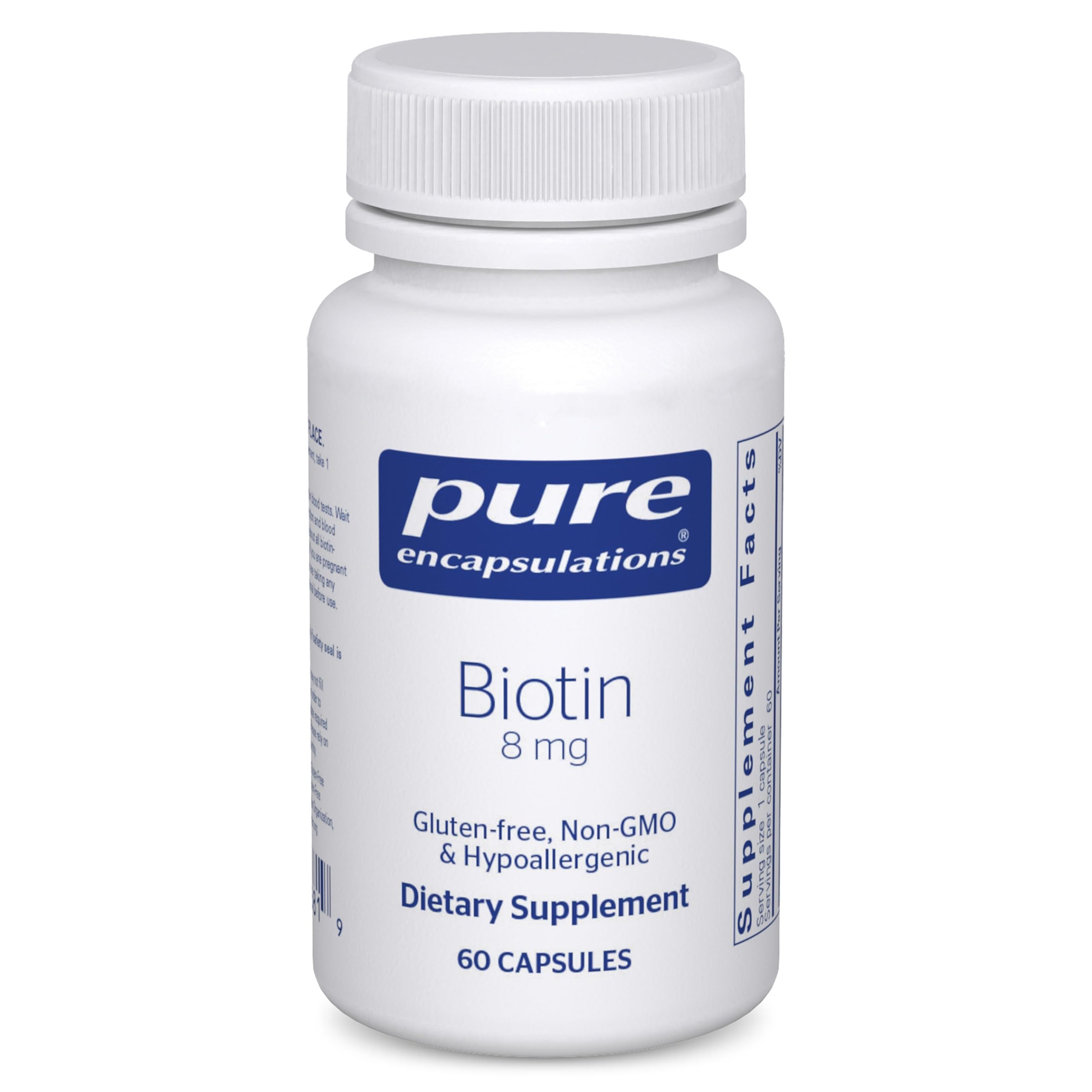 Pure Encapsulations frasco frontal de Biotin 8 mg mostrando presentación y cápsulas
