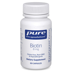 Pure Encapsulations frasco frontal de Biotin 8 mg mostrando presentación y cápsulas
