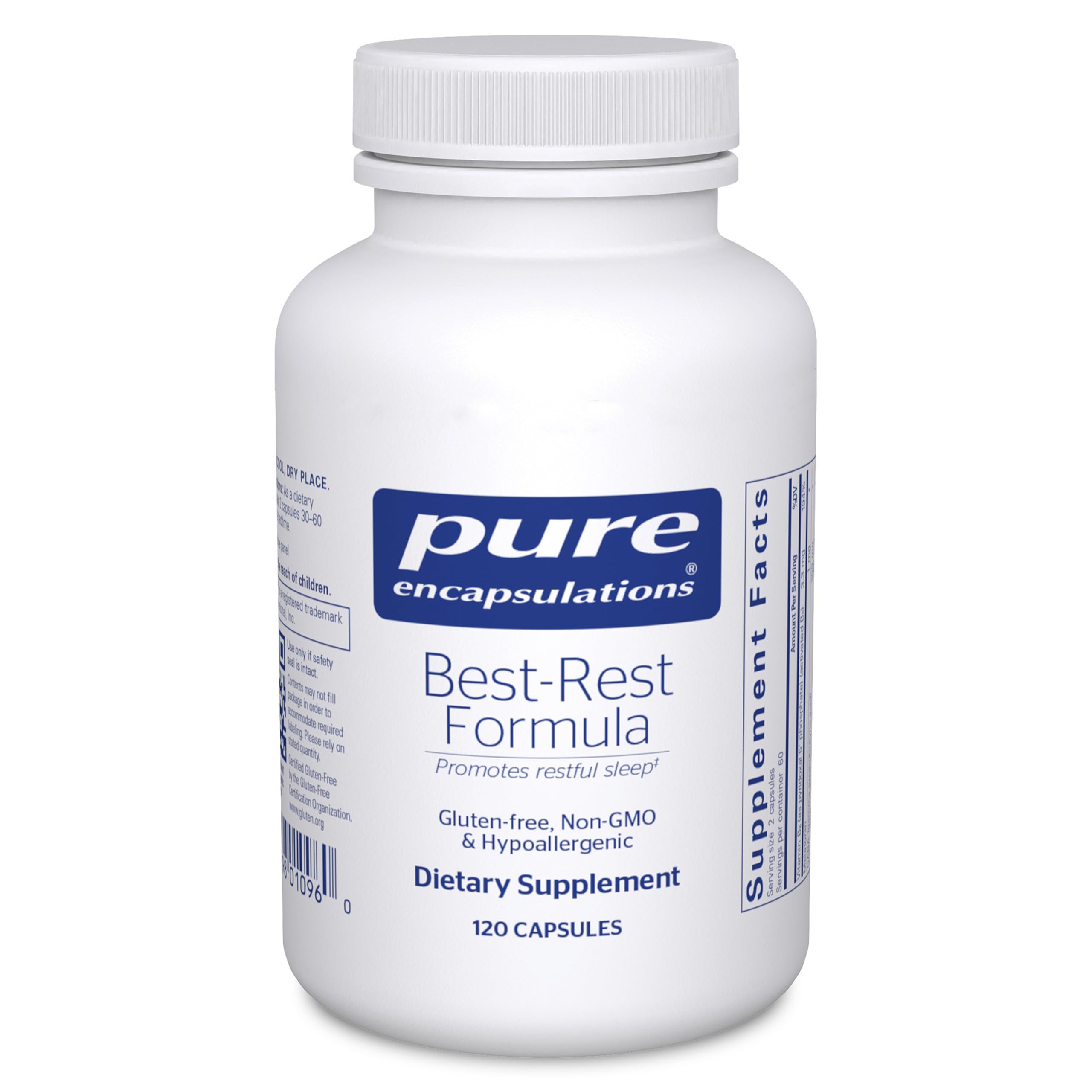Pure Encapsulations botella frente mostrando envase y 120 cápsulas, beneficio claridad de información