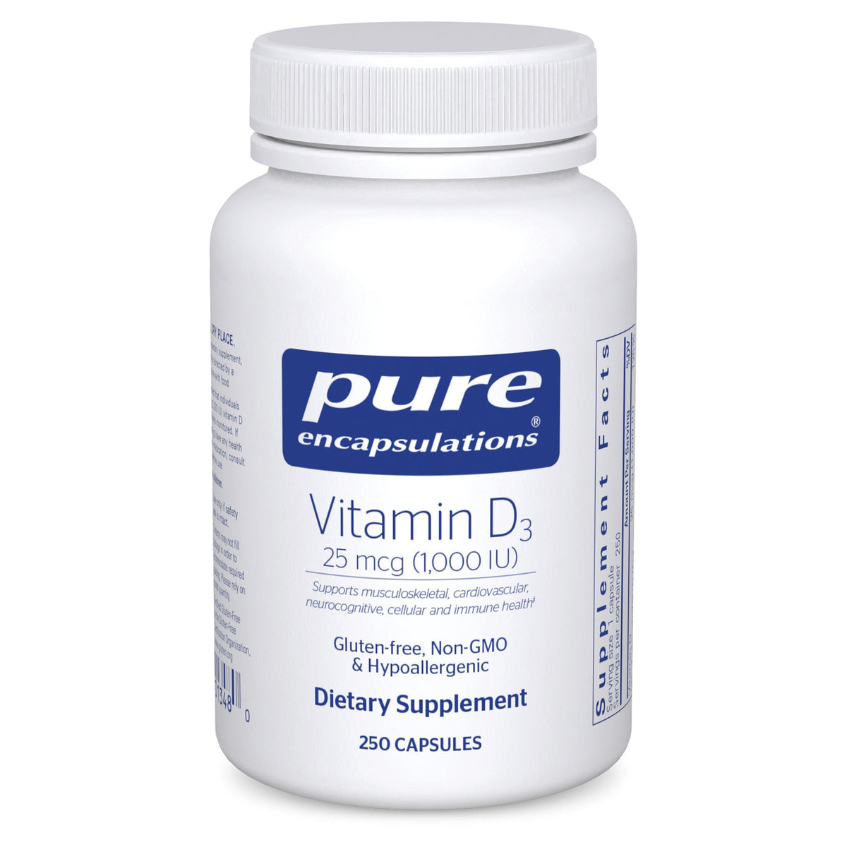 Pure Encapsulations botella frontal mostrando 250 cápsulas y confianza en calidad