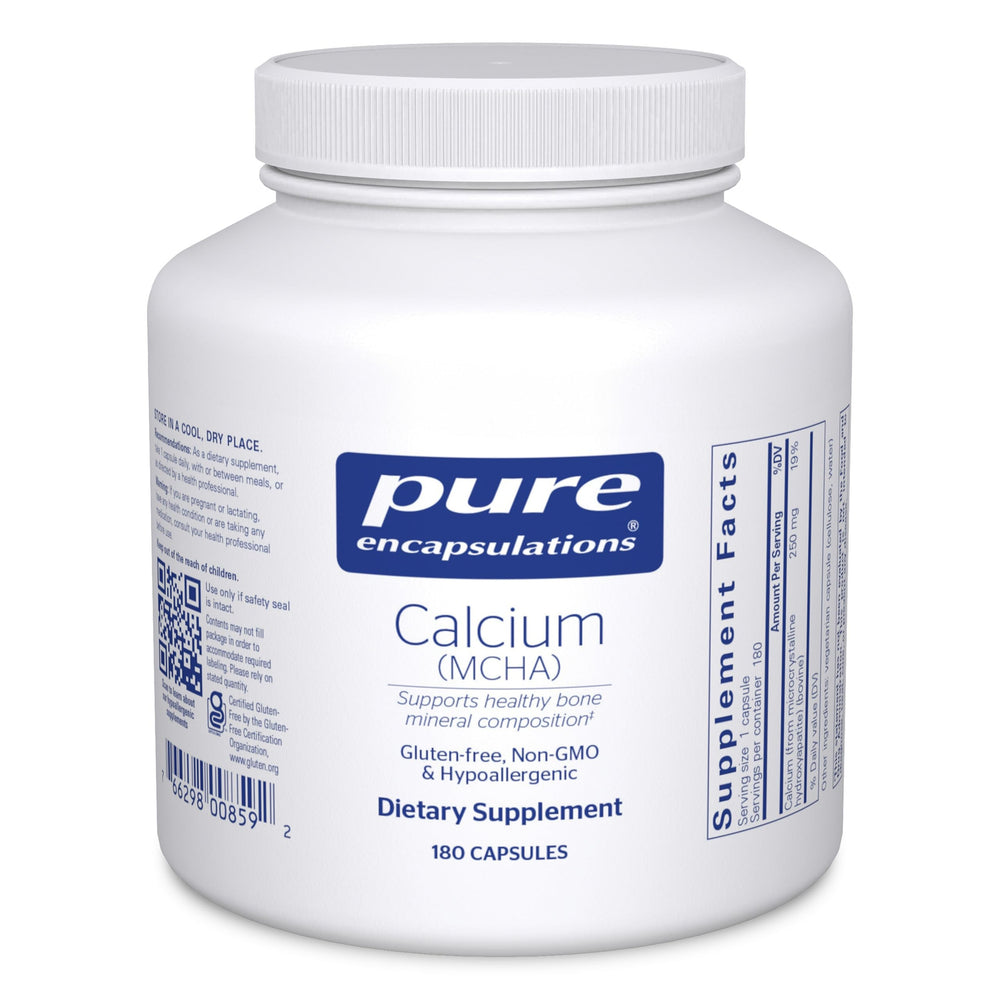 Frasco Pure Encapsulations Calcium MCHA visto de frente, presentación clara y pura
