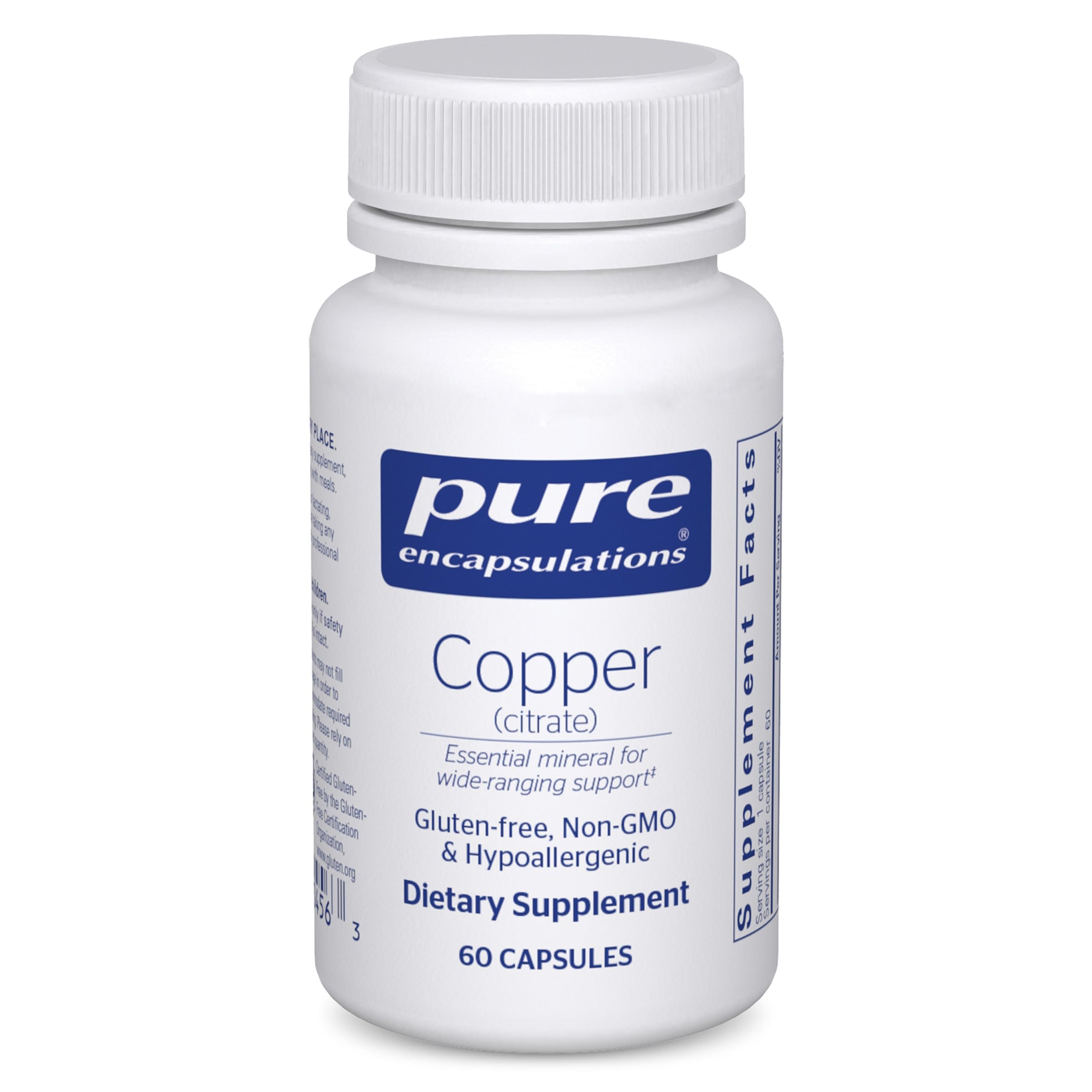 Pure Encapsulations botella frontal del suplemento cobre citrato beneficio pureza
