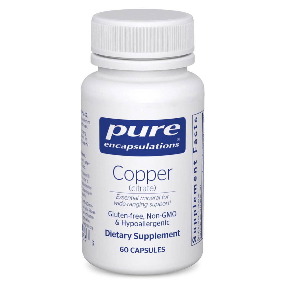 Pure Encapsulations botella frontal del suplemento cobre citrato beneficio pureza