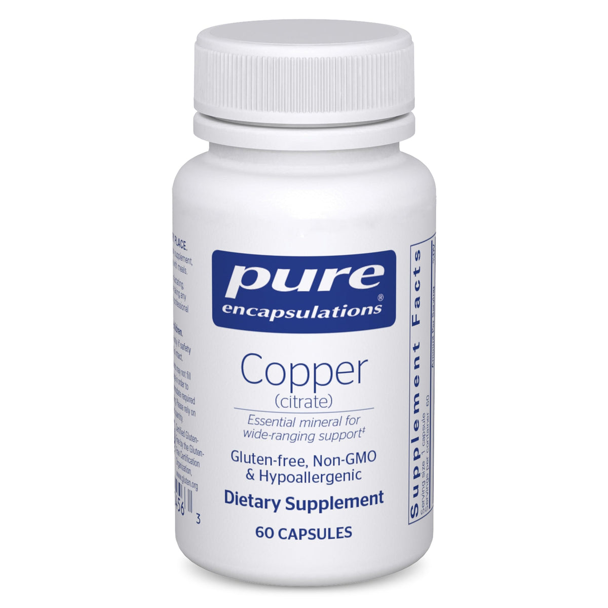 Pure Encapsulations botella frontal del suplemento cobre citrato beneficio pureza