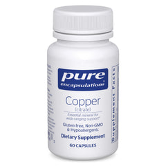 Pure Encapsulations botella frontal del suplemento cobre citrato beneficio pureza