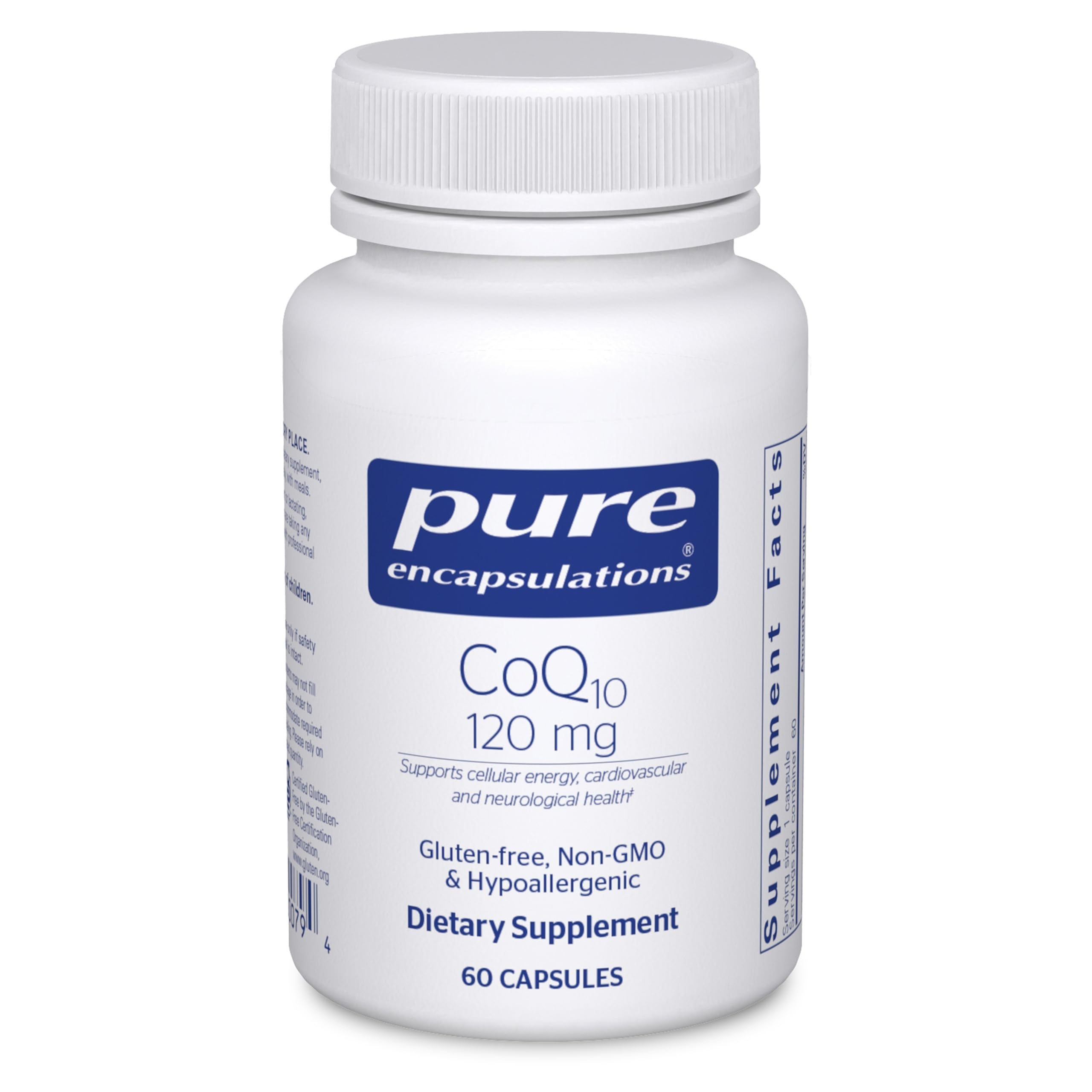 Pure Encapsulations frasco frontal mostrando CoQ10 120 mg y beneficios claros