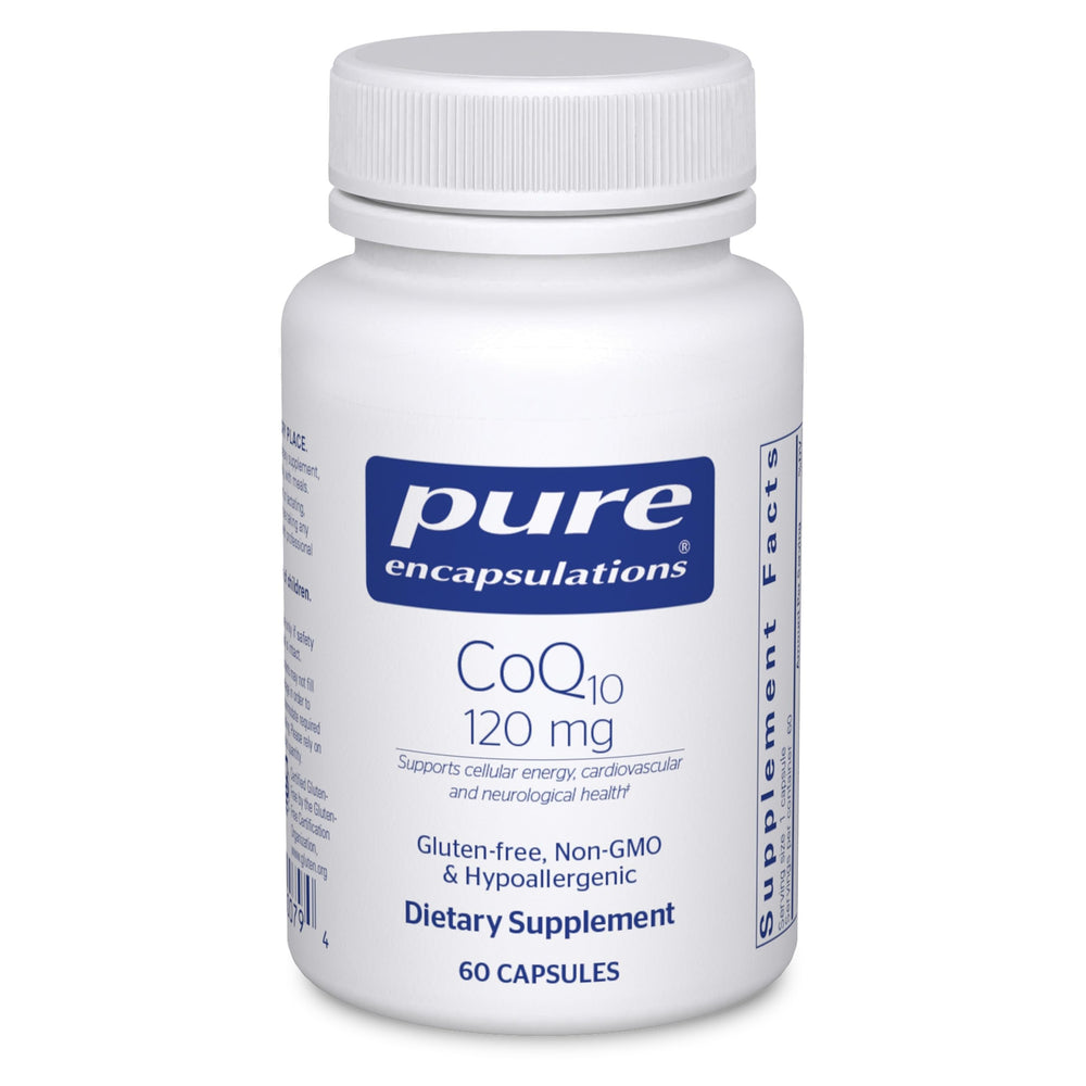 Pure Encapsulations frasco frontal mostrando CoQ10 120 mg y beneficios claros
