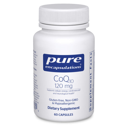Pure Encapsulations frasco frontal mostrando CoQ10 120 mg y beneficios claros