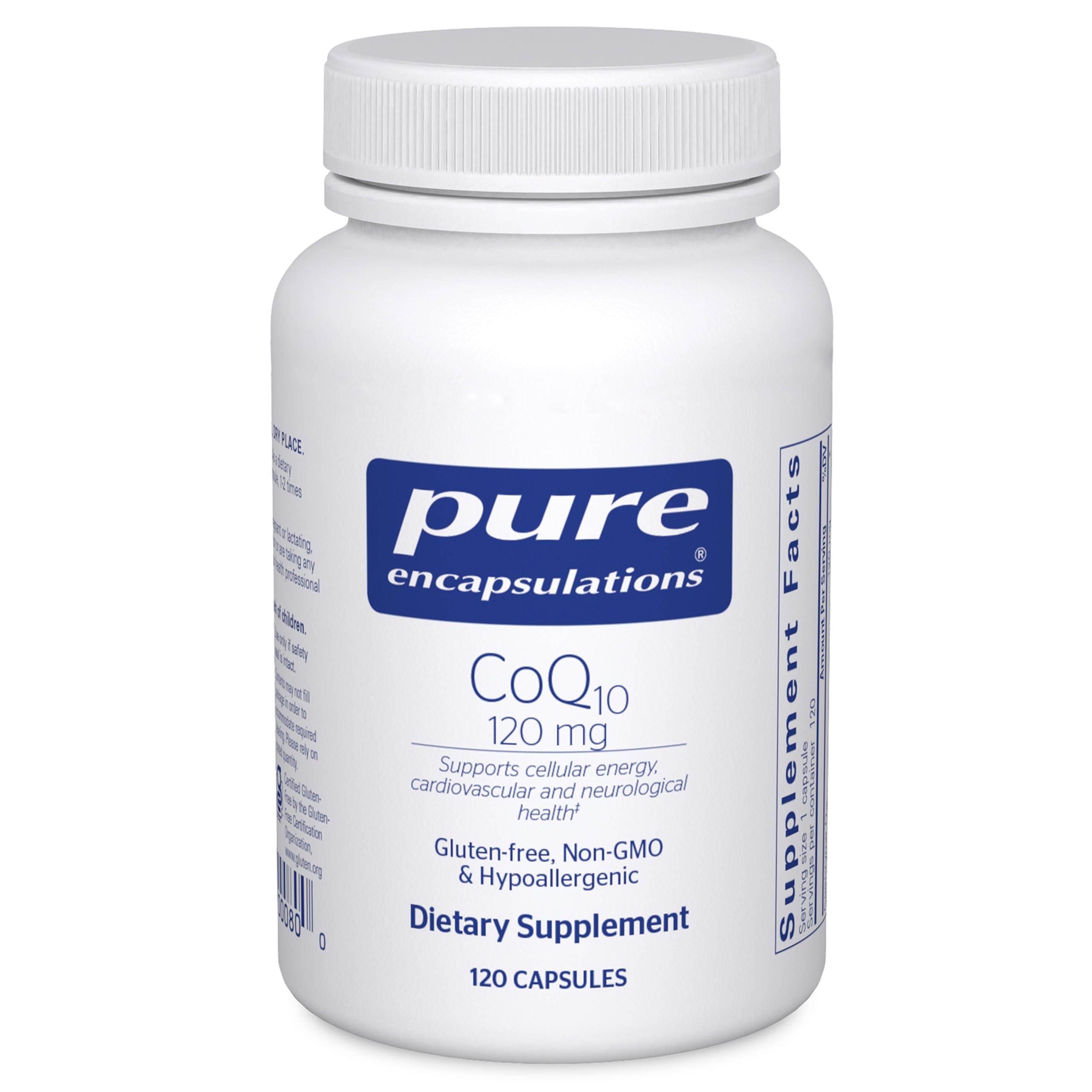 Pure Encapsulations frasco frontal, presenta CoQ10 120 mg para energía