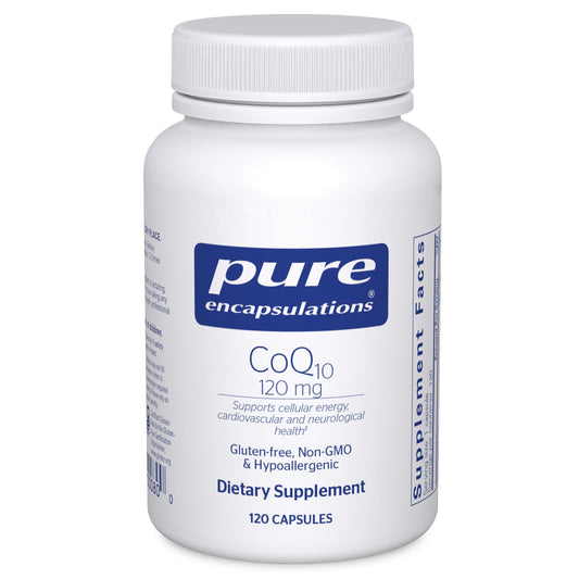Pure Encapsulations frasco frontal, presenta CoQ10 120 mg para energía
