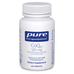 Pure Encapsulations frasco frontal mostrando CoQ10 120 mg y beneficios claros