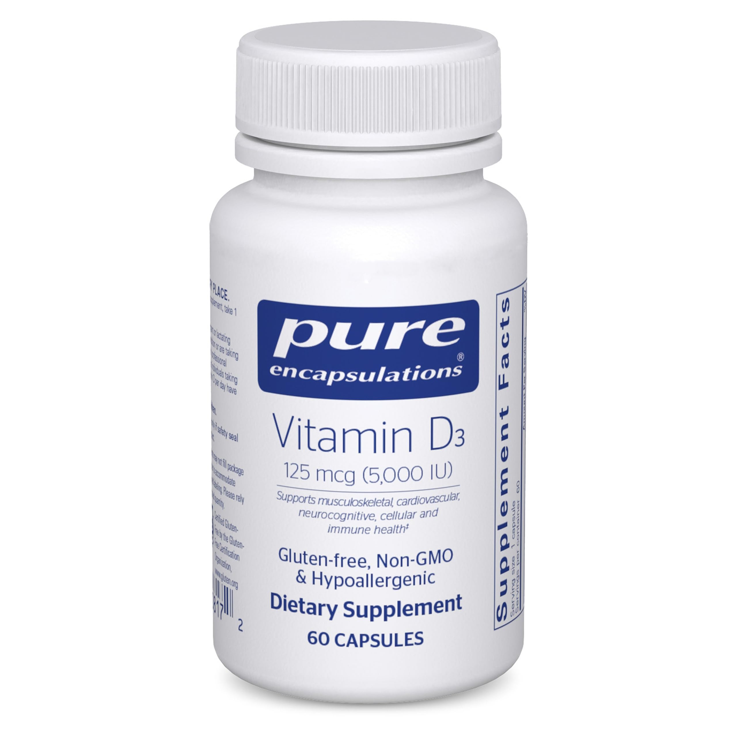 Pure Encapsulations botella frontal mostrando 60 cápsulas y ventaja de pureza