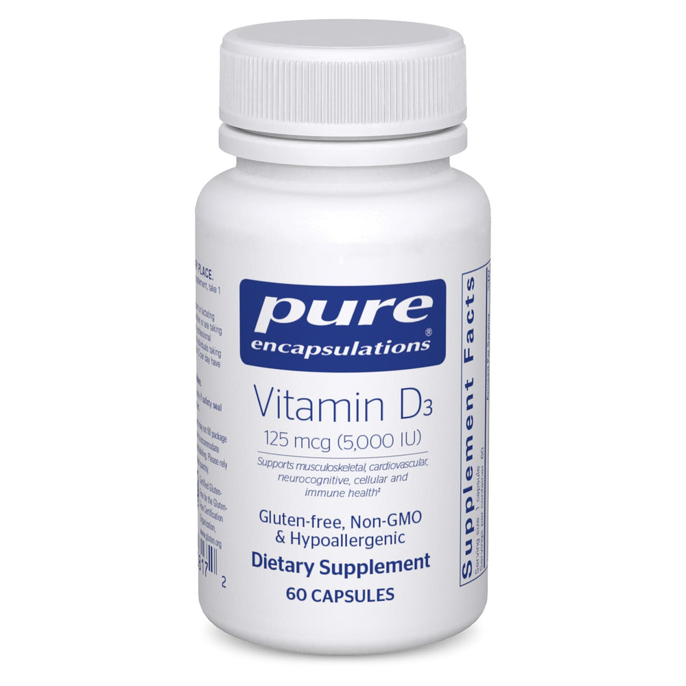 Pure Encapsulations botella frontal mostrando 60 cápsulas y ventaja de pureza