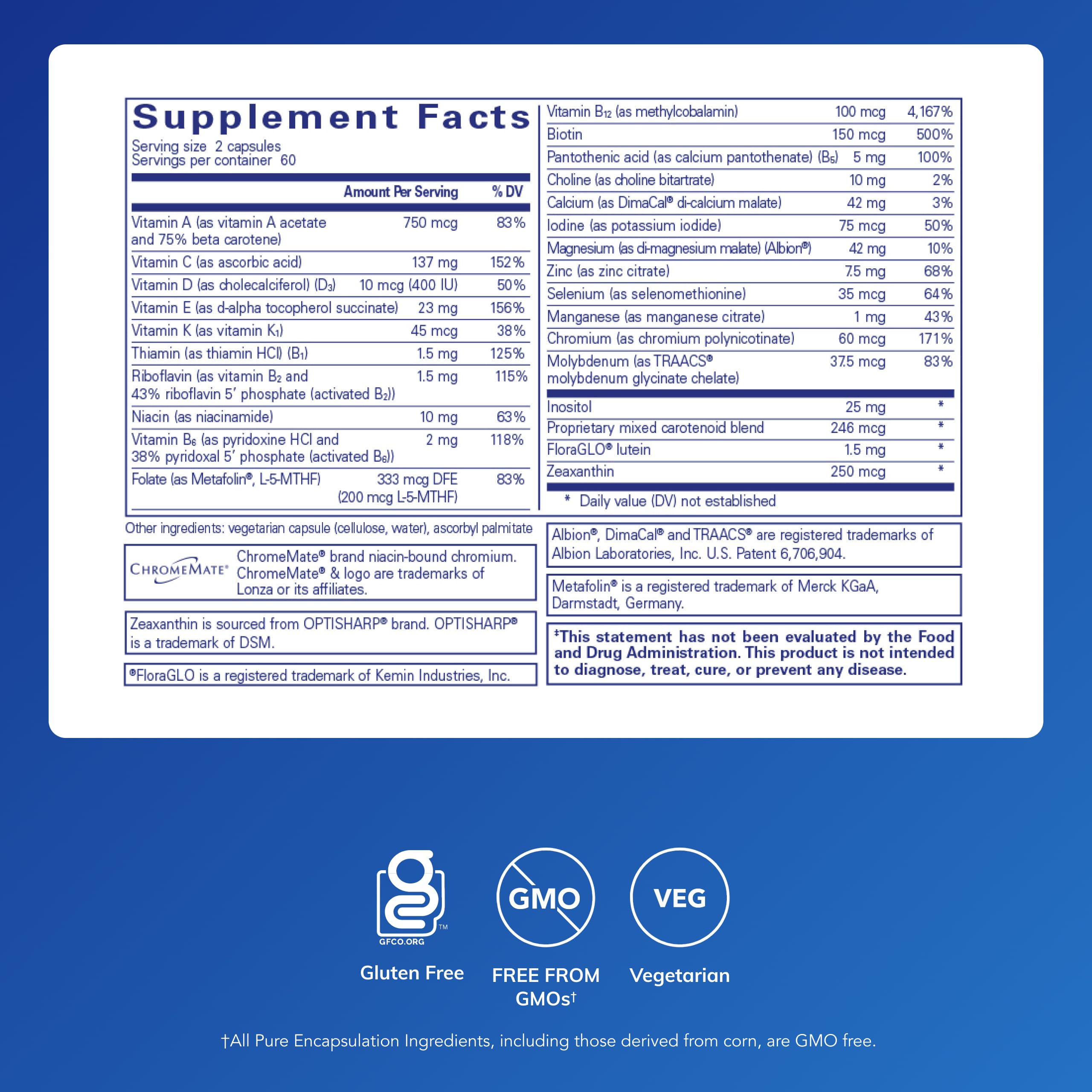 Pure Encapsulations etiqueta con lista de ingredientes y sin alérgenos
