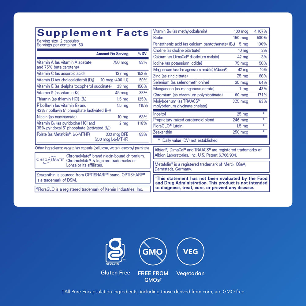 Pure Encapsulations etiqueta con lista de ingredientes y sin alérgenos