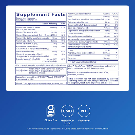 Pure Encapsulations etiqueta con lista de ingredientes y sin alérgenos