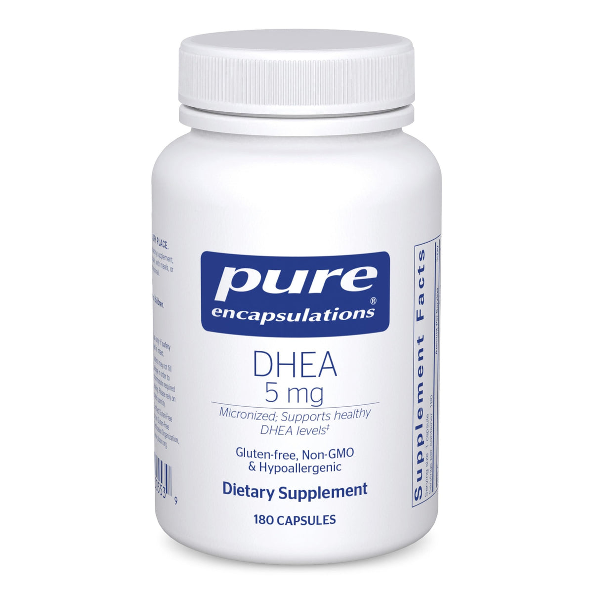 Pure Encapsulations frasco frontal mostrando 180 cápsulas y pureza del producto