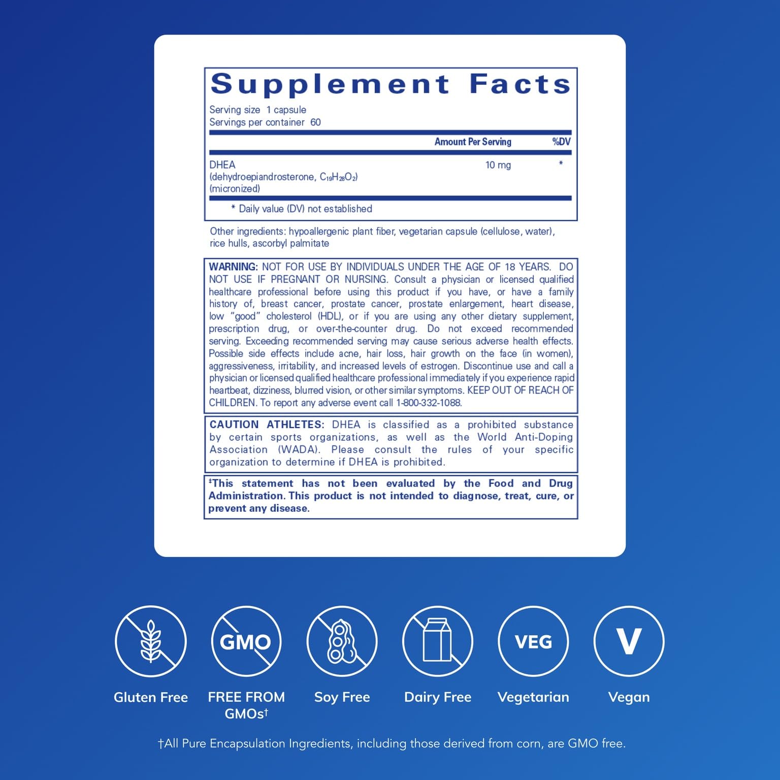 Etiqueta de Pure Encapsulations DHEA resaltando ingredientes y pureza