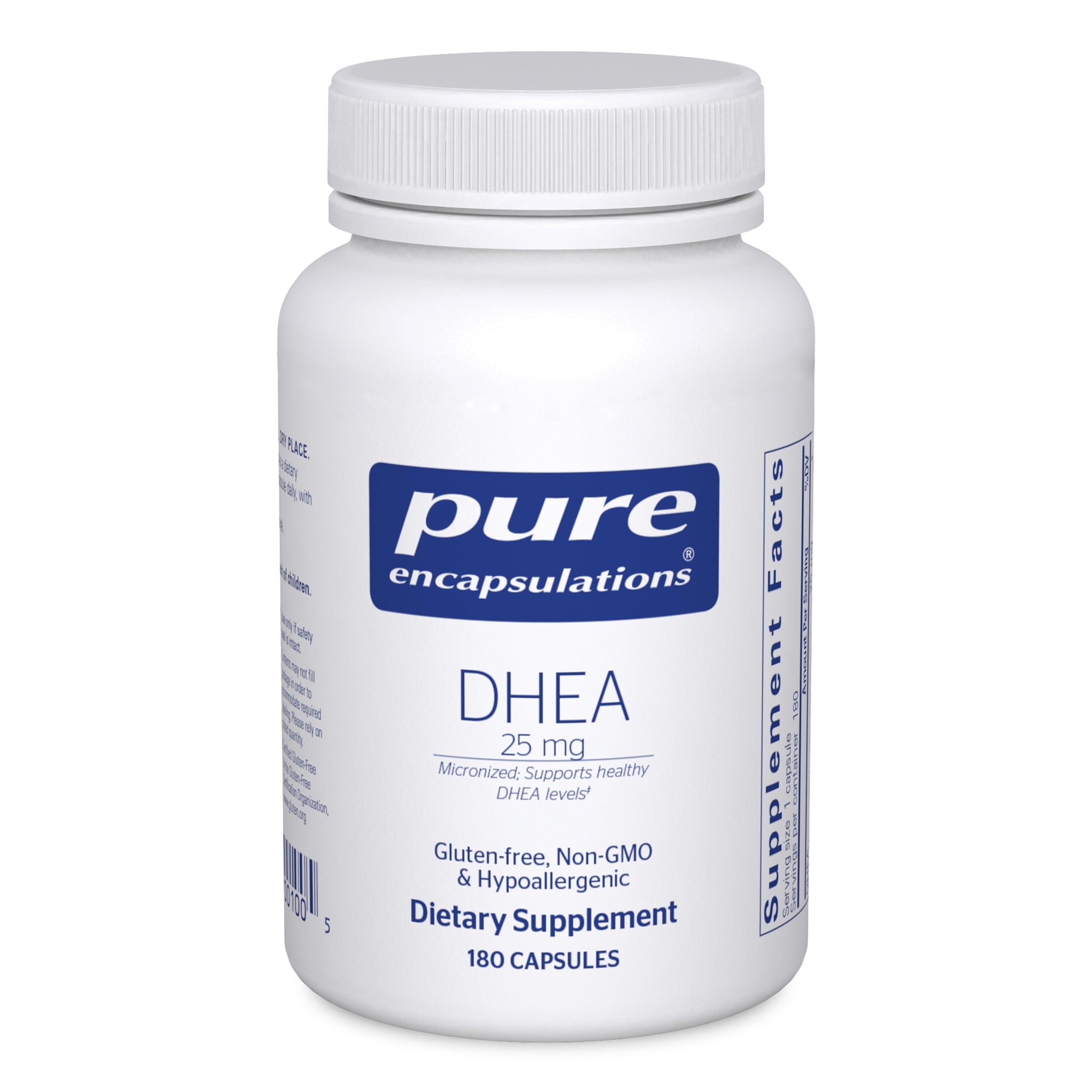 Pure Encapsulations frasco frontal mostrando 180 cápsulas y ventaja de alta pureza