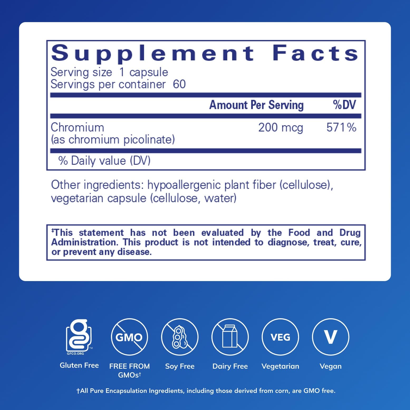 Pure Encapsulations etiqueta en primer plano con ingredientes y pureza