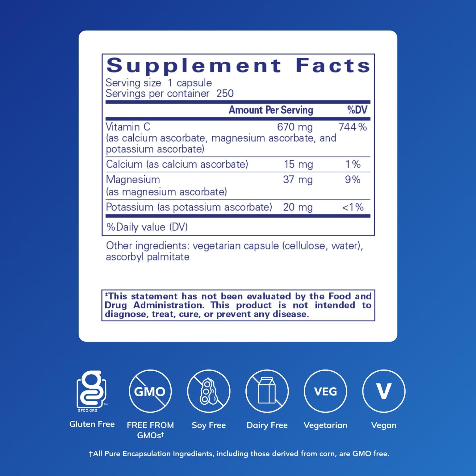 Pure Encapsulations etiqueta con lista de ascorbatos y pureza certificada