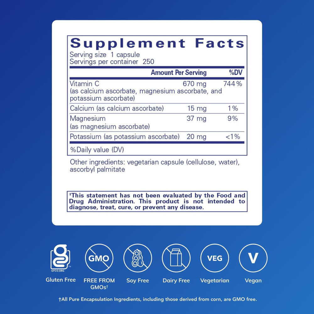 Pure Encapsulations etiqueta con lista de ascorbatos y pureza certificada