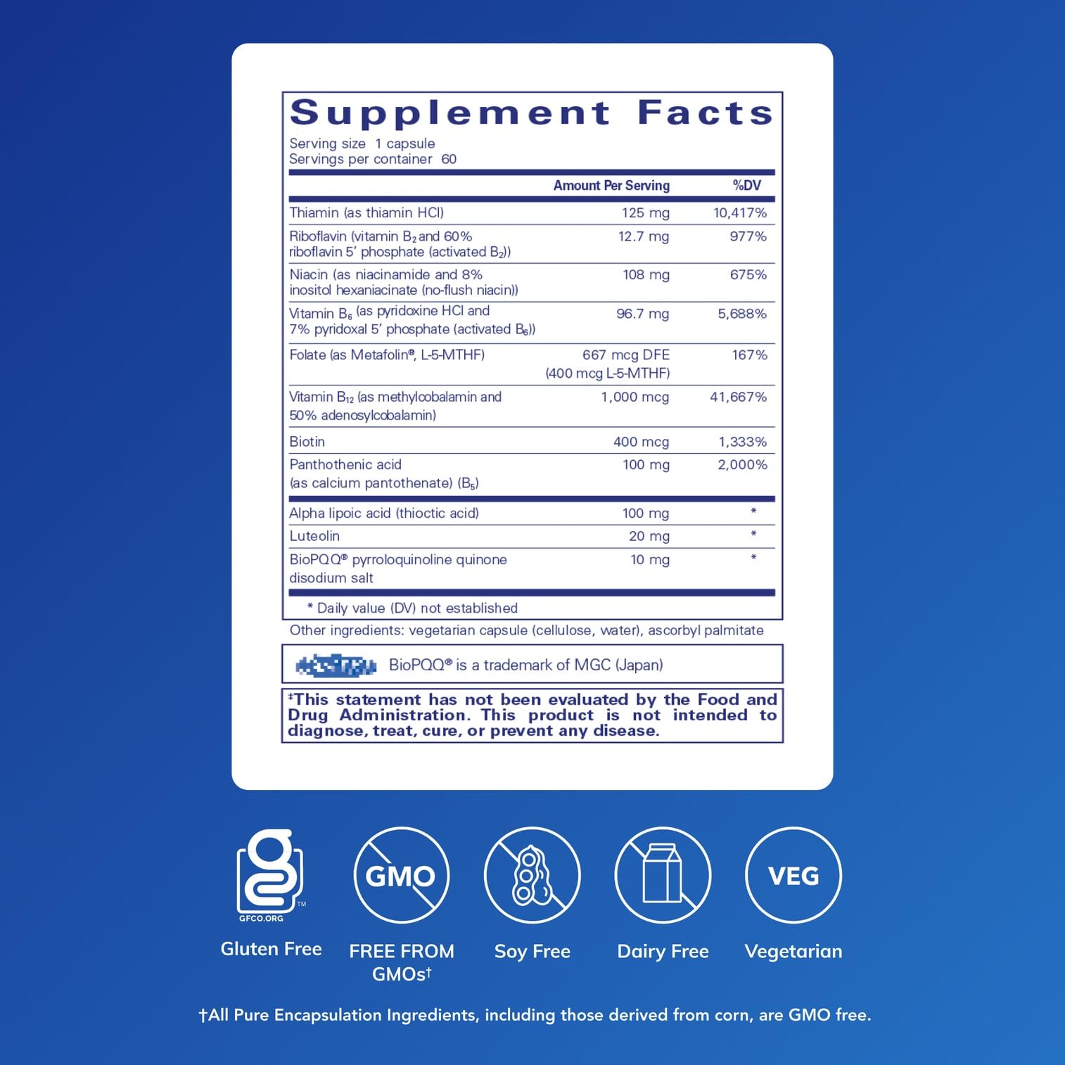 Pure Encapsulations etiqueta con lista de ingredientes y formas activas visibles